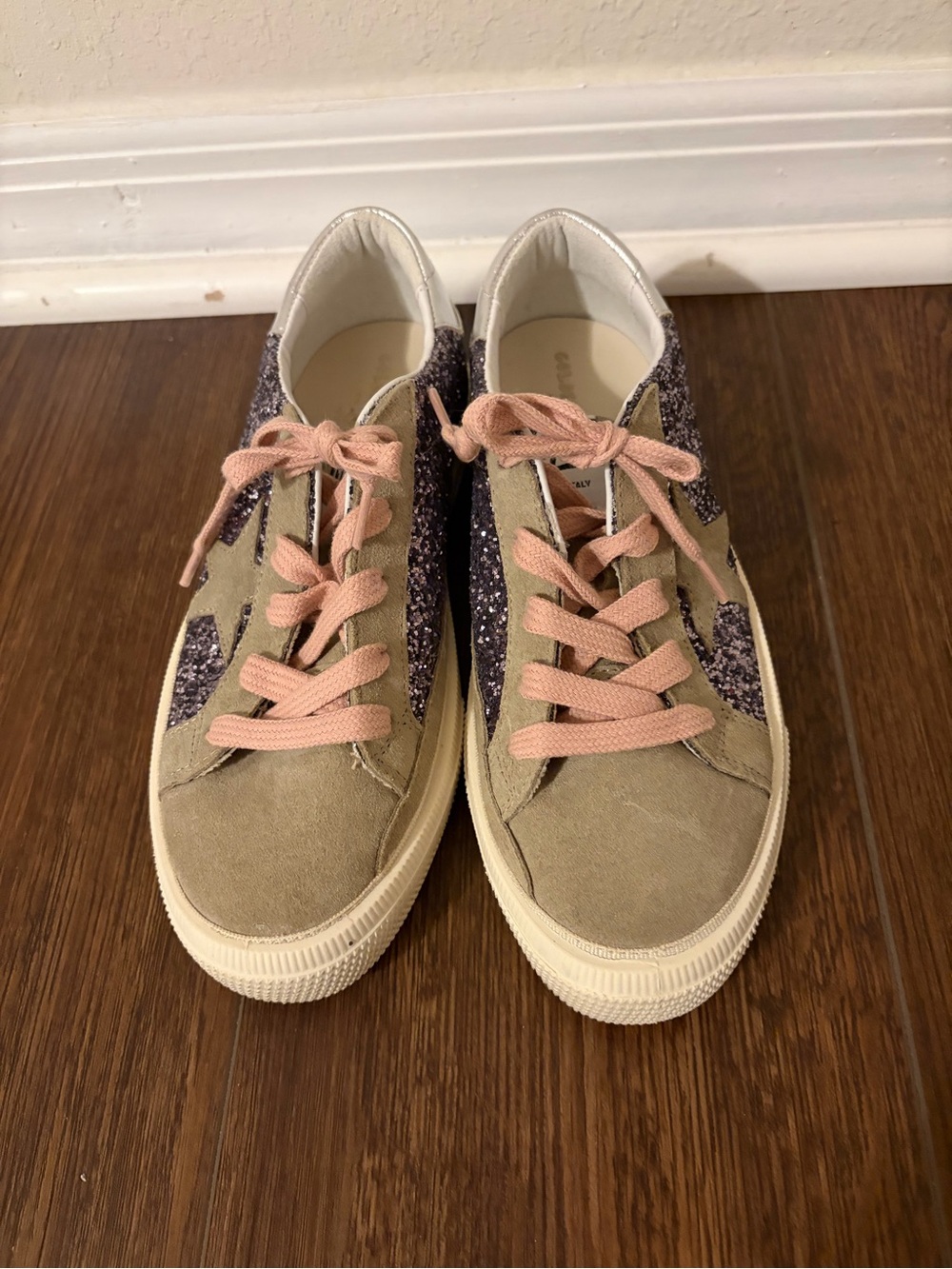 Golden Goose kids taupe suede sneakers with pink laces and purple glitter panels